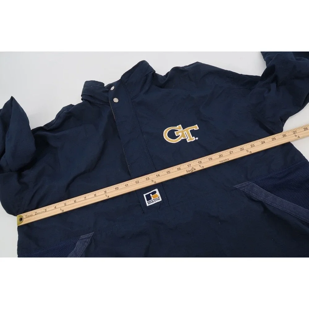 Vintage 90s Georgia Tech‎ Mens Large 1/2 Zip Jacket Hood Russell Athletic Navy